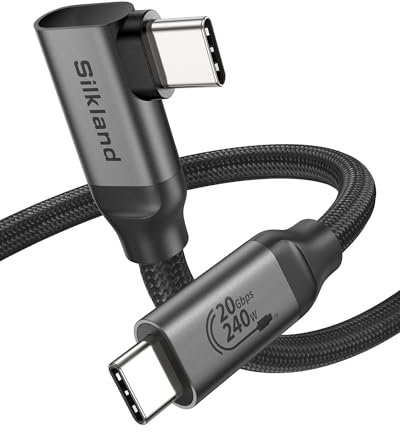 Silkland Cable USB C 3.2 Gen2×2 90 Grados 1.5M, 20Gbps Transfert de Données, USBC a USBC Carga Rápida PD3.1 240W, Cable Vídeo 5K/4K@60Hz para MacBook Pro, iPad Pro, Dock, SSD, iPhone 16 15, Monitor