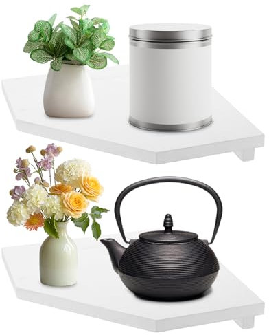 AKOLAFE 2er Set Eckregal Hängend 22 cm Breit Wandregal Holz mit Drahtloch Weiß Schwerlast Schweberegale Dekoratives Wand Regal Diamantform für Küche Schlafzimmer Wohnzimmer Arbeitszimmer Aufbewahrung