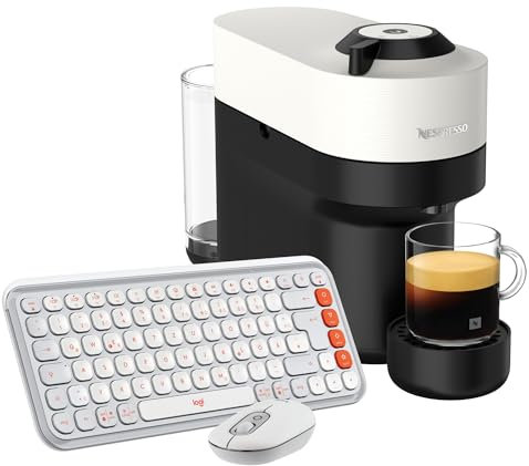 Logitech POP ICON Keys kabellose Bluetooth-Tastatur, Comfortable Tippen, POP Mouse, kompakte und Mobile kabellose Bluetooth-Maus, Nespresso Krups XN 9201 Vertuo Pop Coffee Capsule Machine, Weiß