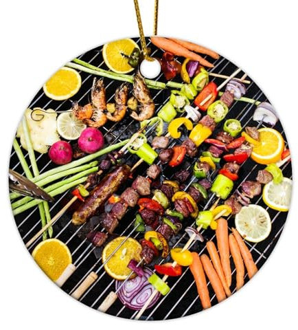 Grill' Master Fleisch-Kebab-Weihnachtsschmuck, Lebensmittelmalerei, Küche, Grill, hängende Ornamente, Innenbereich, Heimdekoration, dekorative Keramik-Kreis, Weihnachtskugel, Geschenk für Freunde und