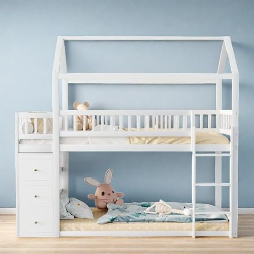 Zepneiy Doppelbett, 90 x 200 cm, mit Schrank und Regal, niedriges Hochbett mit Leiter, Weiß (außer Matratze)