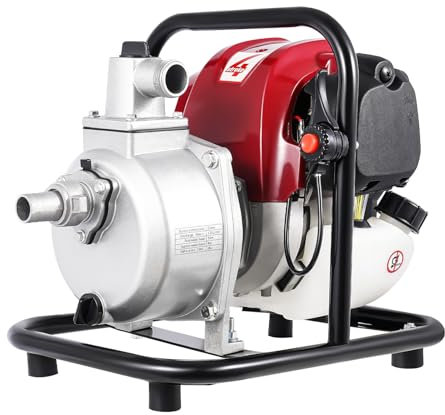Benzin Wasserpumpe1200W 8000L/h, 30m Förderhöhe,38cc Gartenpumpe Schmutzwasserpumpe mit Einzylinder, luftgekühlt 4-Takt-Motor und 7m Ansaughöhe, Seilzugstart,Benzin Pumpe Metallfuß, Tragegriff
