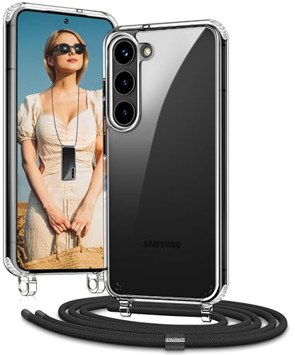 Vaykwo Handykette für Samsung Galaxy S25 5G Hülle mit Band, Schwarz | Necklace Handyhülle, Transparente Case zum Umhängen, Verstellbar und Abnehmbar