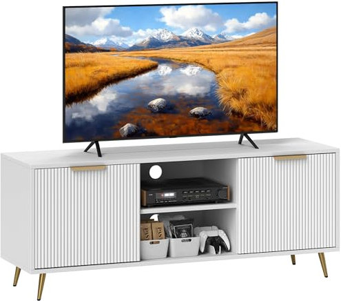 HOMCOM Modern TV Stand Cabinet for TVs up to 55, TV Unit with 2 Open Shelves and 2 Cabinets, Entertainment Centre with Cable Management for Living Room, White