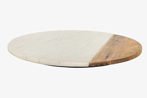 Licht-Erlebnisse Drehteller Marmor Mangoholz Ø 50 cm groß Handarbeit Unikat in Weiß Natur vielseitig Servierplatte Teller für Sushi Tapas Drehplatte Esstisch Küche