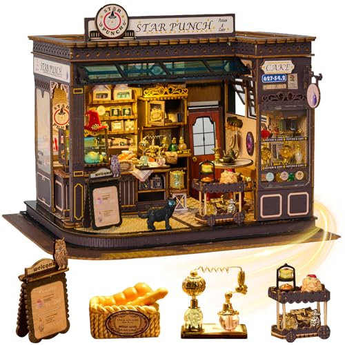 Mostop DIY Miniature Dollhouse Kit-Book Nook Kit,Holzpuppenhaus Bausatz Miniaturhaus Bausatz mit LED Licht,Miniaturhaus Bausätze für Kinder/Erwachsene Haus DIY Bausätze(Magic Coffee Shop)