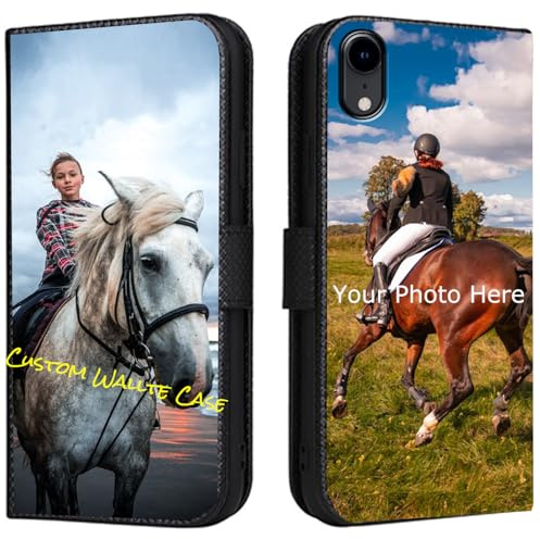 FortiCase Personalisierte Hülle für iPhone XR,Flip Leder Hülle Kartenfach Standfunktion Case,mit Eigenem Foto Bild Text Personalisiert Handyhülle - Black-LN4