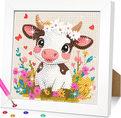 Tiere Diamant Painting Bilder mit Holzrahmen, Diamond Painting Set 6x6 Zoll | Tiere Diamant Painting Bilder mit Holzrahmen,Rinder Diamond Painting Set,5D Arts Craft für Home Wand Decor 6x6 Zoll