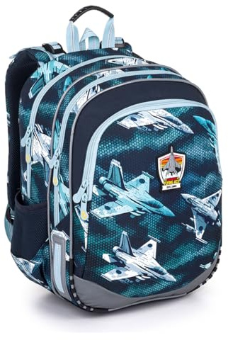 TOPGAL Schulrucksack für Jungen ab 1. Klasse, ergonomisch & leicht, wasserabweisend, mit reflektierenden Elementen, 26 L Schulranzen mit Brustgurt & Rückenpolsterung (Jagdflugzeug)