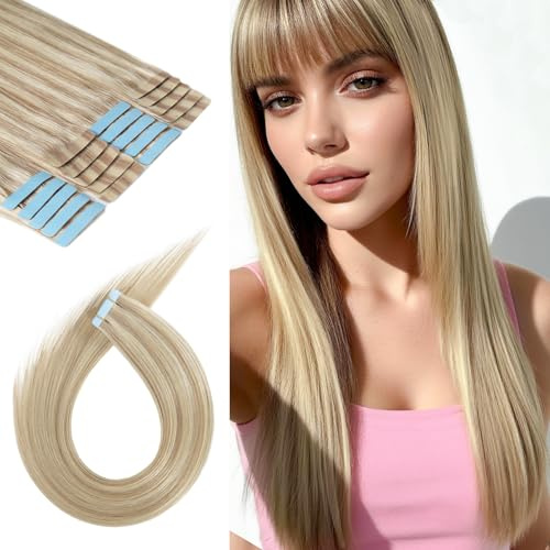 LuxeTress Tape Extensions Echthaar 20 Stück 50g 40 cm Remy Tape in Extensions Echthaar, Seidig Glatt Haarverlängerung Echthaar Extensions Echthaar Tape (16in, 50g, #18/613)