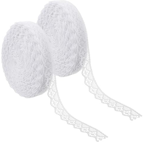 MBAIYO 60Yard Weiß Spitzenband, 2 Rollen（30Y+30Y）Vintage Spitzenborte Dekoband 1.5cm Breite Baumwolle Vintage Weiss Spitze, Häkelspitze Dekoband Hochzeitsdeko DIY Basteln Nähen Geschenkverpackung Deko