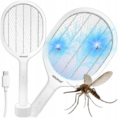 KRUMAD Elektrische Fliegenklatsche USB-C mit LED UV, 3-lagigem Schutznetz und Akku, Insektenvernichter Elektrisch gegen Mücken Fliegen Wespen, Fliegenklatsche elektrisch mit Basisstation