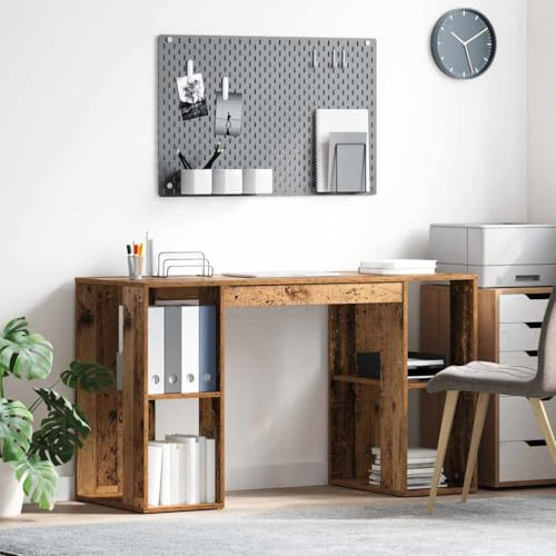 Tonture Schreibtisch mit Stauraum, Altholz-Optik, 130x50,5x75 cm, mit Regalen für Home Office, Robustes Holzwerkstoff Arbeitszimmer Tisch, ideal zum Lernen, Arbeiten & Spielen