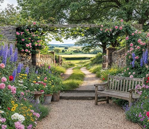 Country Lane Garden Wandbild Vorhang - Deko Wandteppich Wandkunst Zaunpaneel Für Außen, Malerischer Hintergrund, Landhaus Dekor, Landschaftsbau, Floral B 275 x H 180 cm