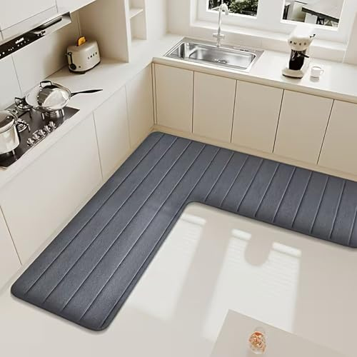 Jyswx Tapis de cuisine en forme de L - Antidérapant, lavable et absorbant - Tapis doux en forme de L - Pour cuisine, salle de bain et toilettes - Gris foncé - 150 x 150 x 45 cm