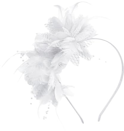 Bibi à plumes et perles en maille avec fleur - Serre-tête pour cocktail, fête, mariage - Accessoire pour cheveux - Blanc