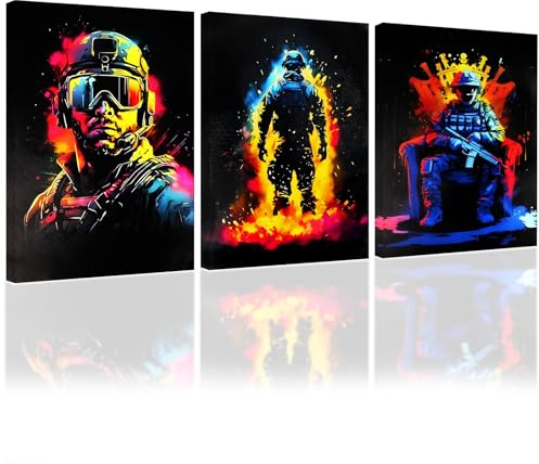 YunBey 3er Set Gaming Leinwandbild – Neon Wanddeko | Militär-Motiv im Neon-Spritzstil. 3 Rahmen in 40x30 cm. Für Jungen Schlafzimmer, Spielzimmer & Wohnzimmer. Deko-Geschenk.