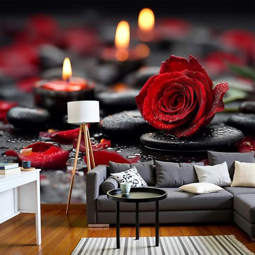 JEDTAKCT Papier Peint Panoramique Roses Romantiques Rochers, Papier Peint Paysage Zen Rouge Et Noir 300X210Cm, Tableaux Poster Photo Décoration Murale, Fond Tv Décoration Murale Salon Chambre