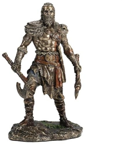 Parastone Wikinger mit Doppeläxten – Wikingerkrieger mit Zwei Äxten, aus Kunststein Bronze-Optik, Deko-Figur bronziert, h. 16cm