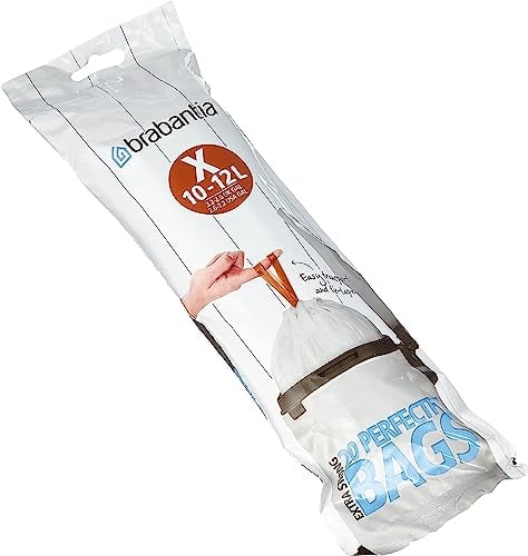 Brabantia IdealFit Bin Liners (Size X/10-12 Litre) Ideal Quality Thick Plastic Trash Bags with Tie Tape Drawstring Handles (20 Bags), White