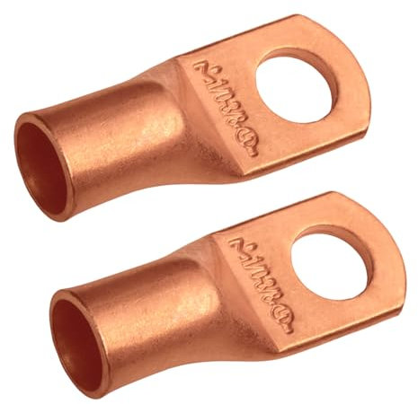 SELTERM 1/0 AWG (50 mm²) - 3/8 (M10) ⌀ Hole UL Heavy Duty Wire Lugs, Battery Cable Ends, Bare Copper Eyelets, Tubular Ring Terminal Connectors [B67] - 2 Pack