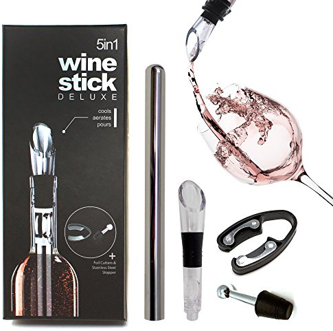 Oak & Steel - 5 in 1 Stainless Steel Wine Accessory Set - Non-Drip Pourer Aerator, Foil Cutter, Stopper - Gift for Christmas Party Xmas Present
