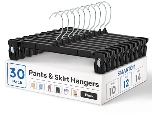 Smartor Black Pants Hangers 30 Pack, Skirt Hangers with Clips, 12 Inch