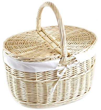 MyBer® Korb Picknickkorb Tragekorb mit 2 Deckeln Weidenkorb Vollweide Einkaufskorb geflochten weiß K12-027-W-SW