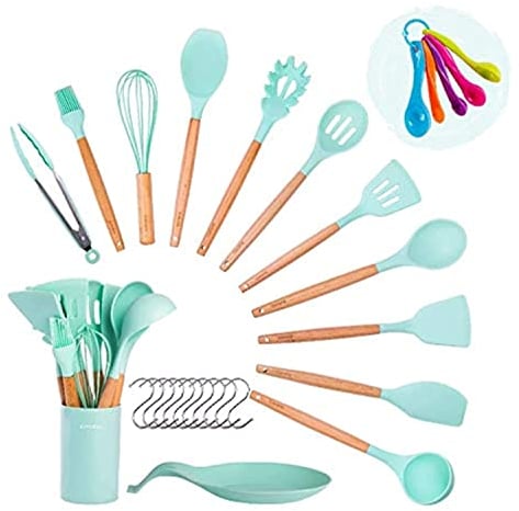 Silicone Kitchen Utensil Set, 11 Cooking Utensils+Measuring Spoon Set+ Placing mat+Utensil Set Holder BoMo&Co. Kitchen Utensils Set (Green)