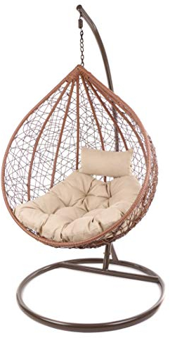 Kideo Komplettset: großer Hängesessel mit Gestell & Kissen, Korbsessel, Poly-Rattan (Korb & Gestell: braun, Kissen: Hellbraun Chester-Stepp (7007_capucchino))