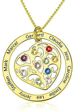 Collier Prénom Personnalisé en Agent Sterling 925 Pendentif Collier Arbre de Vie Gravure 1 à 10 Noms d'enfants Pierre de Naissance Mère Famille Grand-mère Bijoux Rond Bague