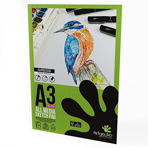 Artgecko Pro Mixed Media Skizzenblock, A3, 40 Blatt, 150 g/m², weißes Zeichenpapier