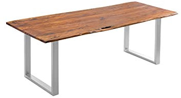 SAM Esszimmertisch 200x100 cm Laurina, Baumkantentisch aus Akazienholz, massiv + nougatfarben, U-Metallgestell Silber, Esstisch mit echter Baumkante