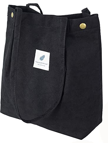 VOKUVIKU Umhängetasche Damen Groß Schule Shopper Beuteltasche Cord Tasche Gross Jutebeutel Bedruckt Stofftasche Baumwolltasche XXl Vintage Tragetasche Einkaufstasche, 001 Schwarz