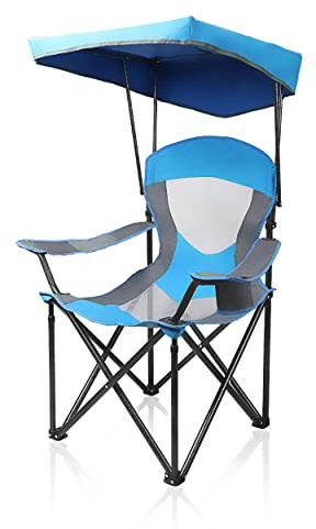 ALPHA CAMP Campingstuhl Faltbar mit Sonnendach, Strandstuhl Klappbar mit Becherhalter für Strand, Camping, Picknick, Fischen, Blau-Grau