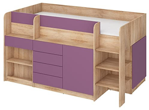 BIM Furniture Letto a castello Smile P mobili per bambini, set di mobili per una cameretta dei bambini, un letto con scrivania, mensole, cassetti: lato destro (rovere Sonoma/viola)