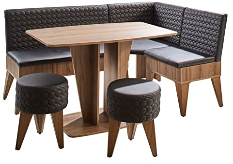 Rodnik Essecke Polaris Eckbankgruppe 4 TLG. Set: Eckbank/Sitzbank mit Stauraum, Esstisch/Säulentisch, 2 Hocker, Kunstleder (nussbaum/schwarz), 122 x 171 cm
