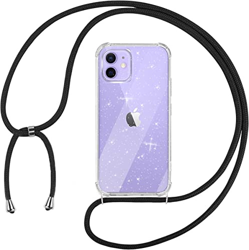Tikgue Handykette für iPhone 12 Mini Hülle mit Band, Handyhülle mit Kordel zum Umhängen Schutzhülle mit Kette Glitzer Transparent Weich TPU Silikon Bumper - Schwarz
