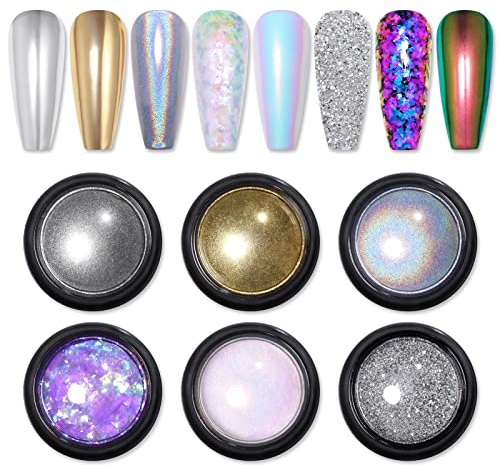 BORN PRETTY Nagel Puder Set Maniküre Pulver für Nagel Design mit Spiegel und Shining Effekt, Meerjungfrauen Nagellack, Perlen Glanz Schimmer
