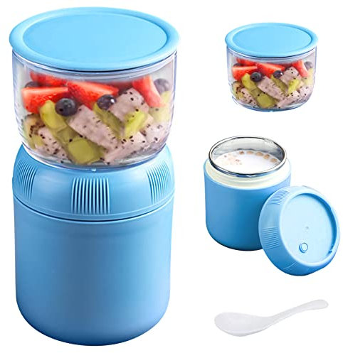 FZQBEY Bol Muesli a Emporter, Pot à Déjeuner 2 Couches Récipients Séparés, Boîtes Alimentaires Isothermes avec Cuillère, Acier Inoxydable, Anti-Fuite et Portable pour Voyage, 430ml + 330ml