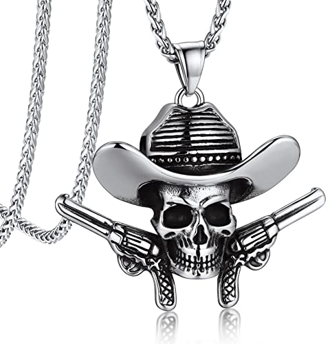 Bandmax Totenkopf Kette Herren Panzerkette Edelstahl Totenkopf Anhänger Halskette Cowboy-Hut Piraten Kette Schädel Kette Länge 55CM+5CM Punk Piraten Schmuck Accessoires