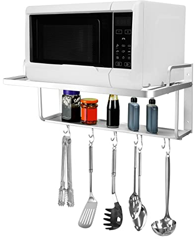 QWORK® Estante Colgante para microondas, microondas de Montaje en Pared, Soporte para microondas, 2 estantes, con 10 Ganchos, 55 x 38 x 25 cm