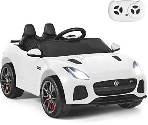GYMAX Kids Ride on Car, 12V Battery Powered Licensed Jaguar F-Type SVR Toy Car with Remote Control, Music, Lights, USB/MP3/TF, Slow Start & Safety Belt, Children Electric Vehicle for Boys Girls(White)