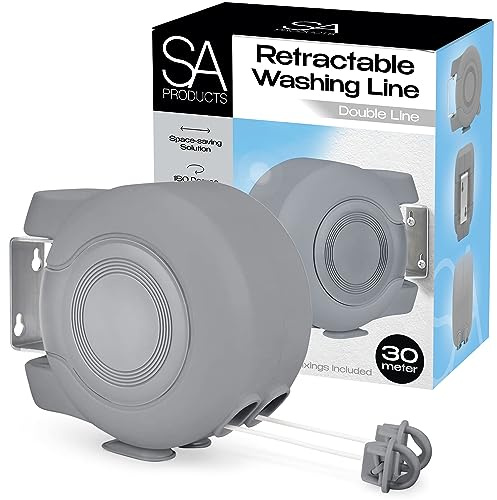 SA Products Wall Mounted Twin Cable Retractable Washing Line - 2x15m Long Clothes Line - 30m Extendable Laundry Drying String Line Heavy-Duty Plastic & Polyvinyl For Indoor & Outdoor Use - Grey