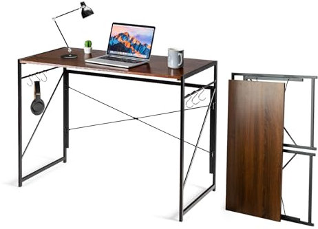 COSTWAY Mesa Escritorio Plegable, 100x50cm, 6 Ganchos en Forma de S, Mesa Ordenador con Estructura de Metal, Mesa Industrial para Oficina Casa Despacho (Marrón rústico)