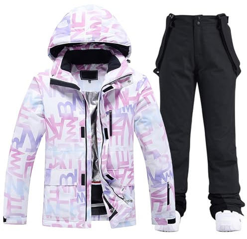 ALSOGO Damen Skijacke & Skihose Set Skianzug 2 teilig Schneeanzug Wassersäule Schneejacke Atmungsaktiv Trägern Winddichte Schneehose mit Abnehmbare Kapuzen zum Skifahren Snowboarden