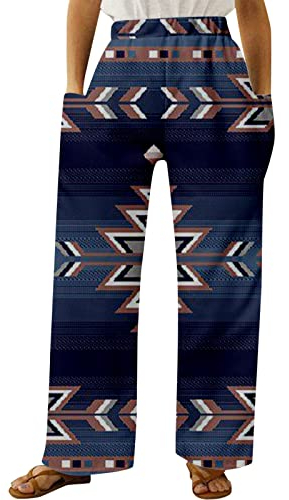 Resort Stil Hose Damen Weites Bein Elegant Outdoorhose Lässig Hohe Taille Freizeithose Elegante Hosen Wide Leg Haushose Lang Breites Mit Taschen Druck High Waist Bequem Locker Relaxhose (Navy, M)