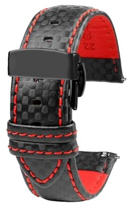 SinSed 18mm 20mm 21mm 22mm 23mm 24mm Männer Frauen Nähte Carbon Faser Uhrenarmband Lederband, Rotes schwarzes Falten, 20mm