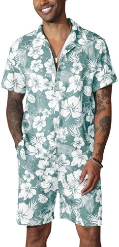 Fastkoala Herren Hawaii Set Outfit Trainingsanzug Männer Zweiteiler Anzüge Sommer Strand Urlaub Geblümt Hemden Shorts Grün XL
