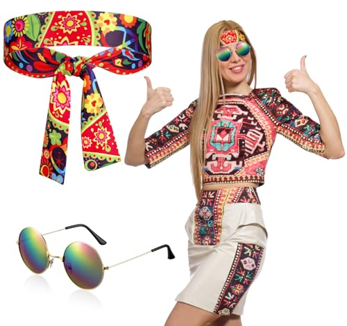 Fiada 2 Stück Hippie Accessoires für Damen Hippie Haarband und Hippie Sonnenbrille Strand Stirnband Buntes Schickes Haarband Kostüm Set für Karneval Halloween Disco 60er 70er Jahre Sommer Party